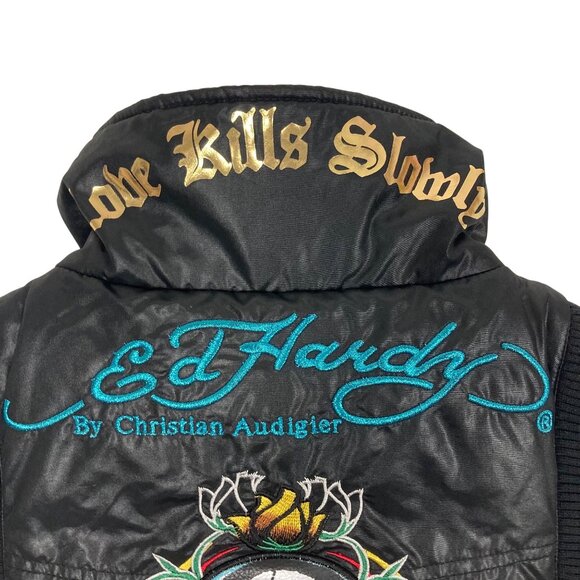 VTG Ed Hardy Christian Audigier Y2K Embroidered Down Puffer Vest XS Skull Rose - Picture 14 of 15